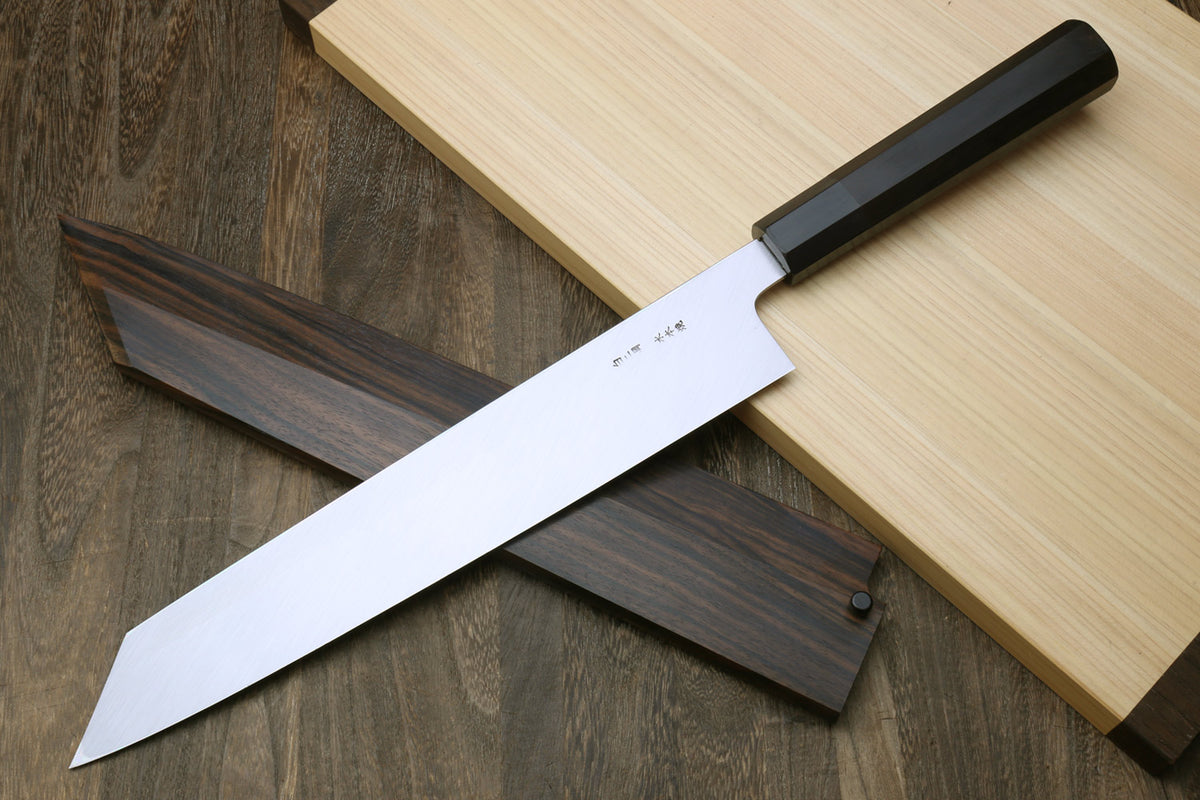 Kikusumi NATUR Sakura 8″ Kiritsuke Gyuto Knife Japanese G3 Steel Nashiji –  21 cm Wa Handle - Kikusumi Knife SHOP