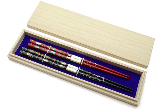 Japanese Premium Chopsticks Black & Red 2pc Set With Traditional Abalone Shell Pattern in Fine Japanese Paulownia Wood Case VER.1