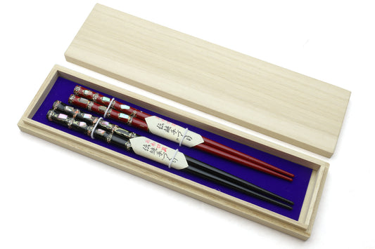 Japanese Premium Chopsticks Black & Red 2pc Set With Traditonal Abalone Shell Pattern in Fine Japanese Paulownia Wood Case VER.2