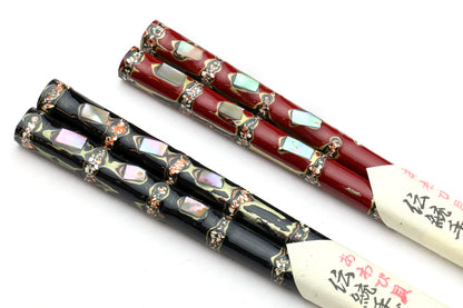 Japanese Premium Chopsticks Black & Red 2pc Set With Traditonal Abalone Shell Pattern in Fine Japanese Paulownia Wood Case VER.2