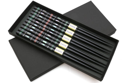 Japanese Premium Chopsticks Black 5pc Set With Traditonal Abalone Shell Pattern in Fine Japanese Paulownia Wood Case VER.1