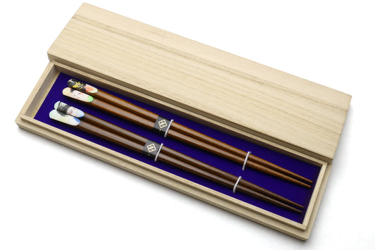 Premium Japanese Ebony Wood Chopsticks - Anime Design Lacquered Twin Pair in Paulownia Box