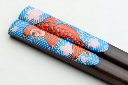 Premium Japanese Ebony Wood Chopsticks - Koi Fish Design 1 Lacquered Pair in Paulownia Box