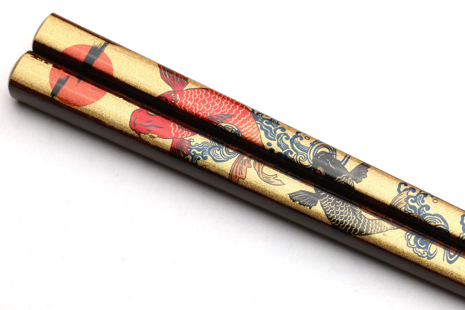 Premium Japanese Ebony Wood Chopsticks - Koi Fish Design 2 Lacquered Pair in Paulownia Box