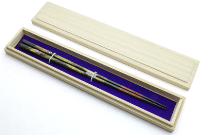 Premium Japanese Ebony Wood Chopsticks - Peacock Design Lacquered Pair in Paulownia Box