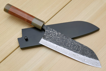 Yoshihiro Black-Forged High Performance SLD Damascus Steel Masashi Santoku Multipurpose Chef Knife Ironwood Handle