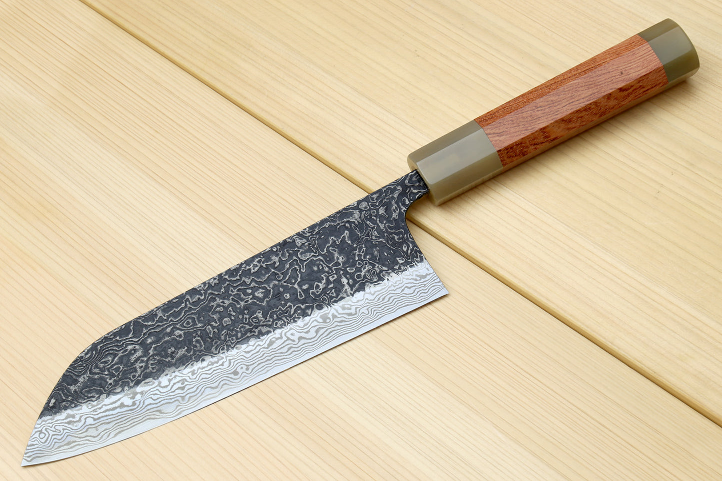 Yoshihiro Black-Forged High Performance SLD Damascus Steel Masashi Santoku Multipurpose Chef Knife Ironwood Handle