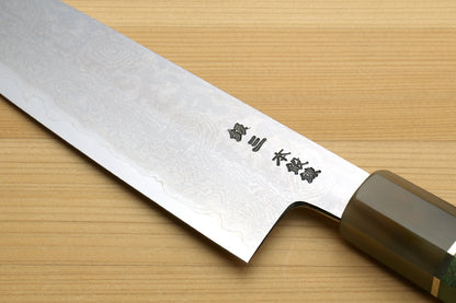 Yoshihiro Hiryu Suminagashi Ginsan High Carbon Stainless Steel Santoku Multipurpose Knife Triple Ring Stabilized Maple Burl Handle