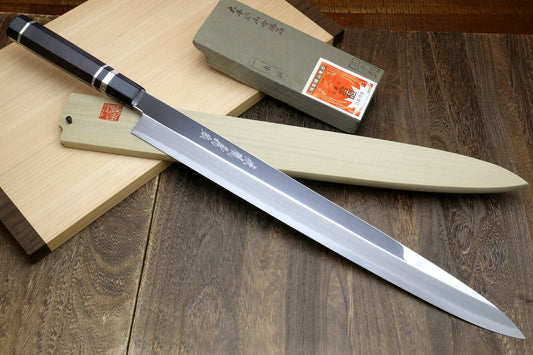 Yoshihiro Ginsanko Mirror Polished Stain Resistant Steel Maguro Bocho Tuna Knife with Triple Silver Ring Ebony Handle (Yanagi Style) *Blade Length 17.7"