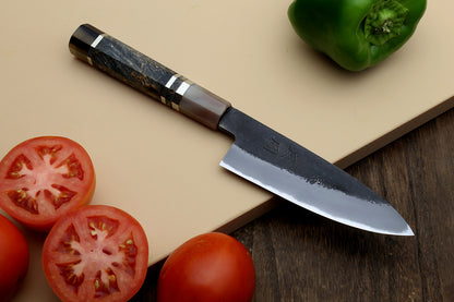 Hayate Hinoura Kurouchi Black-Forged Blue Steel Stainless Clad Paring Knife