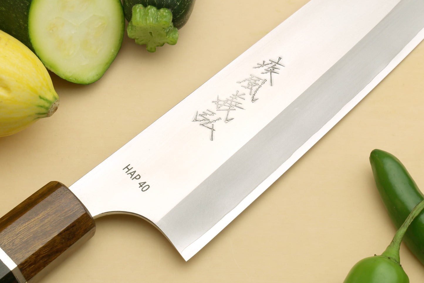 Yoshihiro High Speed Steel HAP40 Gyuto Chefs Knife Natural Ebony Handle with Sterling Sliver Ring