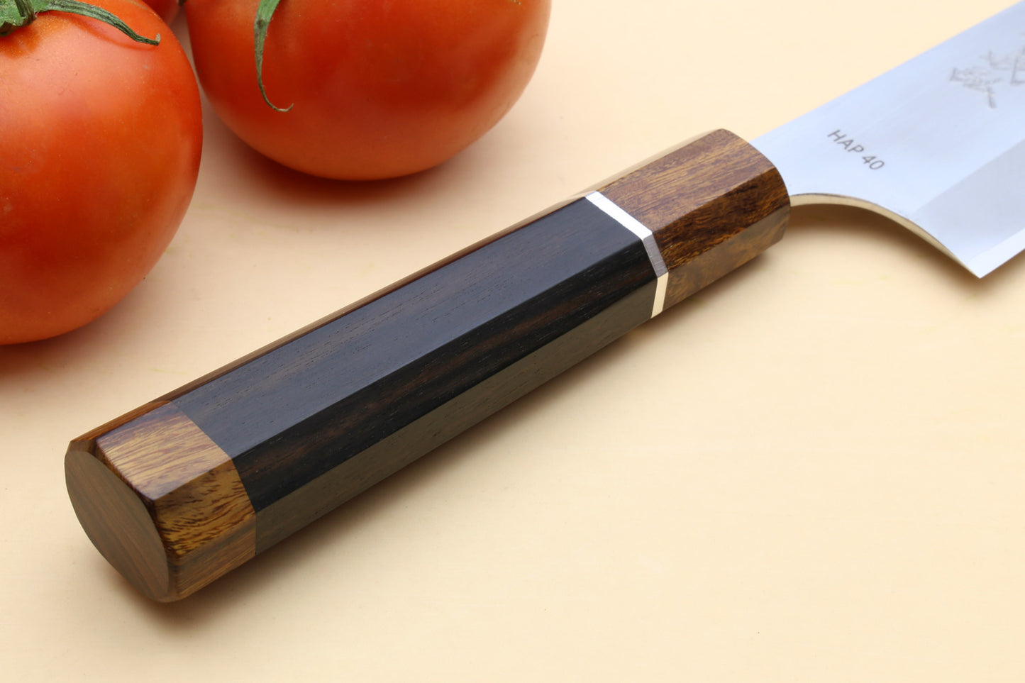 Yoshihiro High Speed Steel HAP40 Gyuto Chefs Knife Natural Ebony Handle with Sterling Sliver Ring