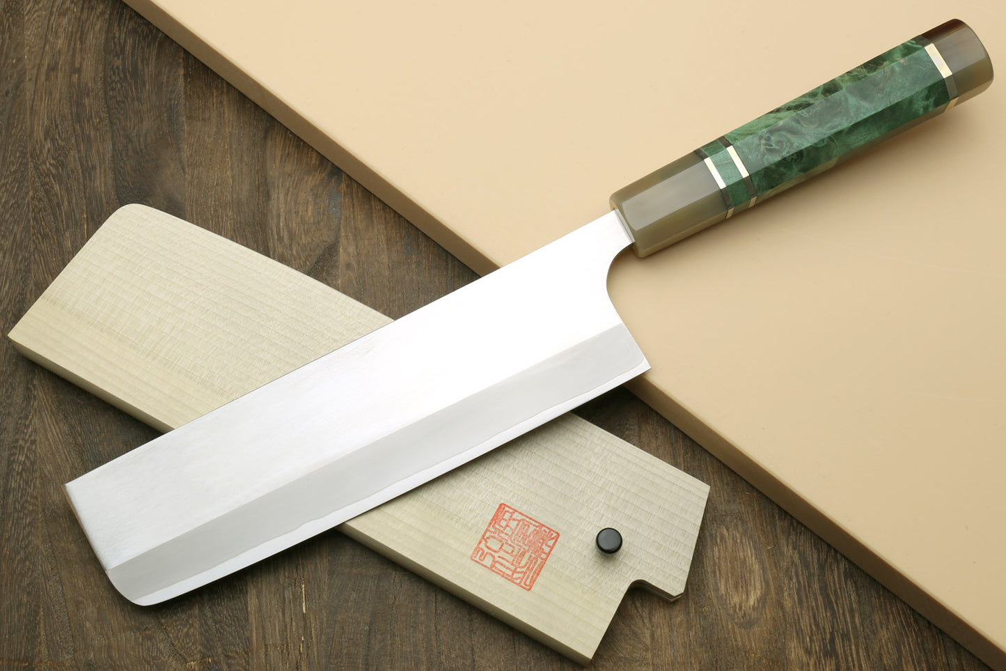 Yoshihiro High Speed Steel HAP40 Nakiri Vegetable Chefs Knife with Stabilized Maple Burl Handle and Magnolia Saya Cover