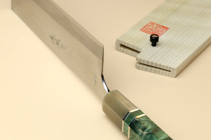 Yoshihiro High Speed Steel HAP40 Nakiri Vegetable Chefs Knife with Stabilized Maple Burl Handle and Magnolia Saya Cover