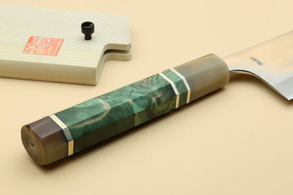 Yoshihiro High Speed Steel HAP40 Nakiri Vegetable Chefs Knife with Stabilized Maple Burl Handle and Magnolia Saya Cover