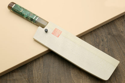 Yoshihiro High Speed Steel HAP40 Nakiri Vegetable Chefs Knife with Stabilized Maple Burl Handle and Magnolia Saya Cover