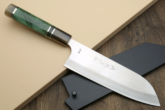 Yoshihiro High Speed Steel HAP40 Santoku Multipurpose Chefs Knife with Stabilized Maple Burl Handle and Nuri Saya Cover