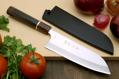 Yoshihiro High Speed Steel HAP40 Santoku Multipurpose Chefs Knife Natural Ebony Handle with Sterling Silver Ring