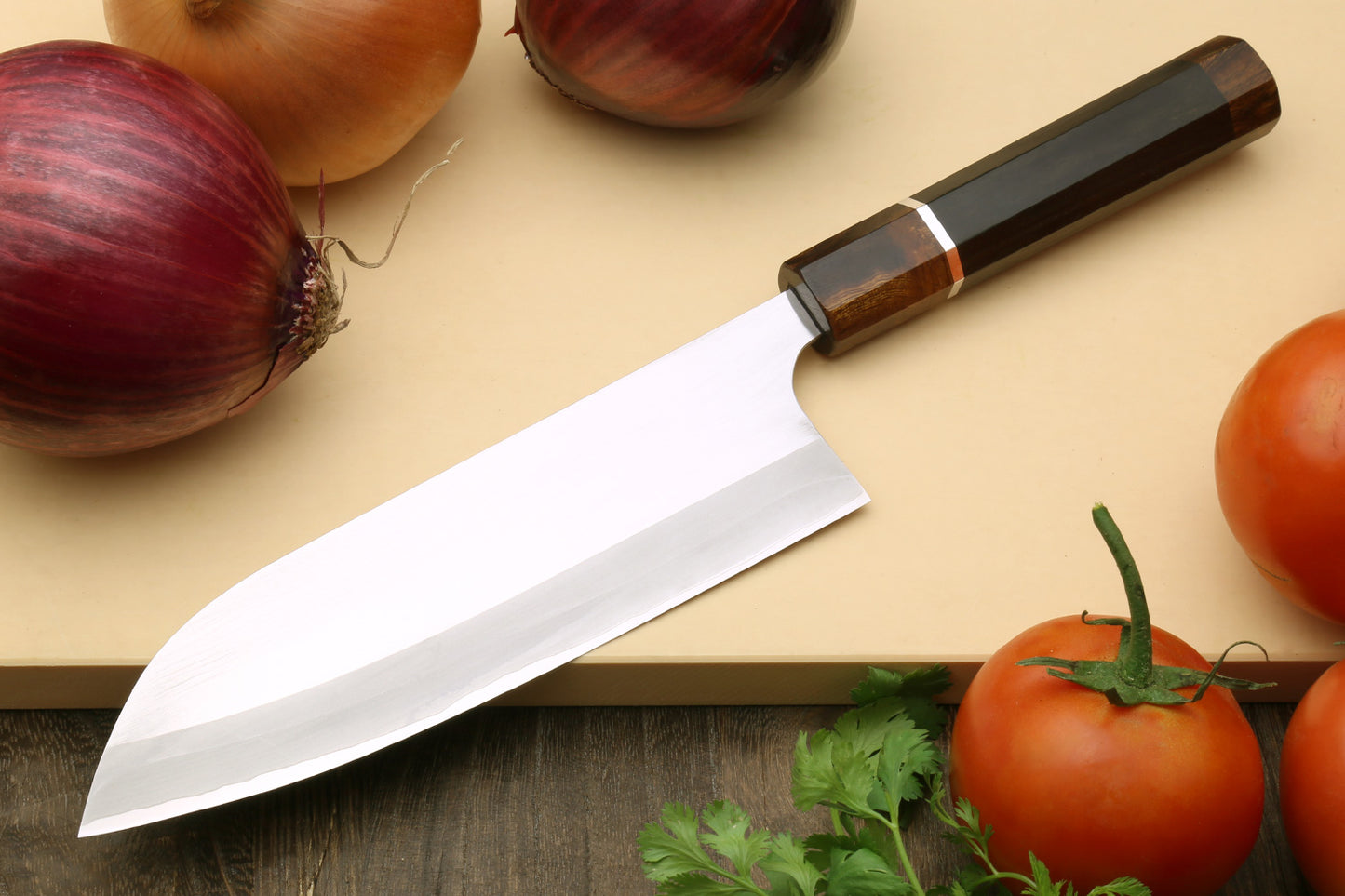 Yoshihiro High Speed Steel HAP40 Santoku Multipurpose Chefs Knife Natural Ebony Handle with Sterling Silver Ring