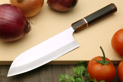 Yoshihiro High Speed Steel HAP40 Santoku Multipurpose Chefs Knife Natural Ebony Handle with Sterling Silver Ring