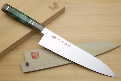 Yoshihiro Inox Honyaki Stain Resistant Steel Wa Gyuto Chef Knife with Stabilized Maple Burl Handle and Magnolia Saya Cover