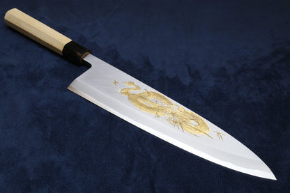 Yoshihiro Kasumi White Steel Deba Fish Fillet Knife – Hand-Etched Gold 3-SET, Limited Edition, 300mm (Magnolia Handles)