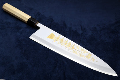 Yoshihiro Kasumi White Steel Deba Fish Fillet Knife – Hand-Etched Gold 3-SET, Limited Edition, 300mm (Magnolia Handles)