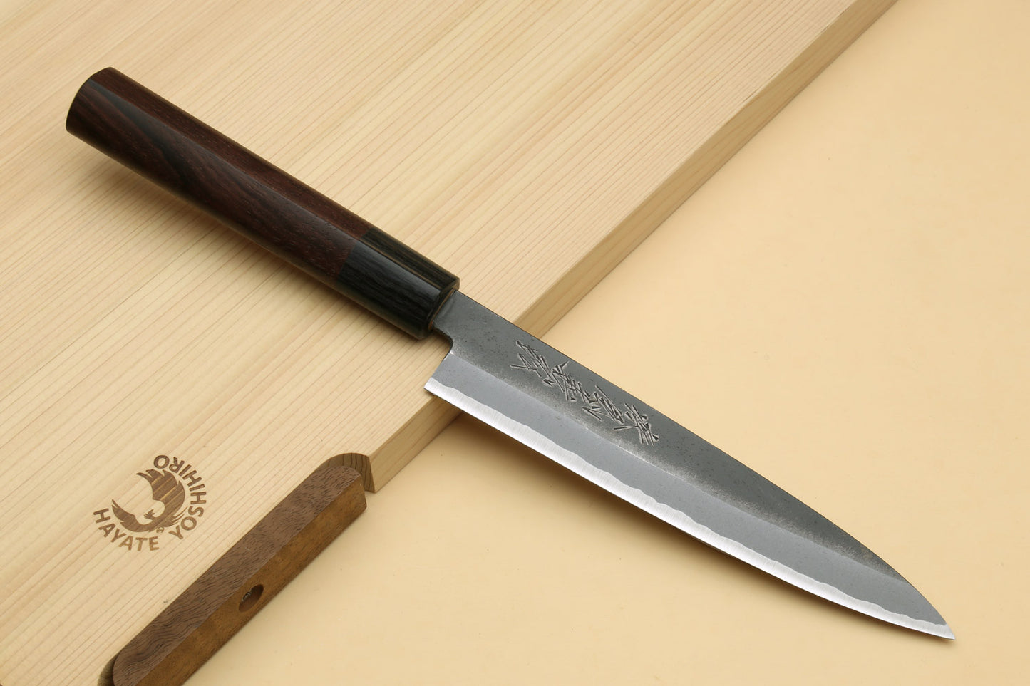 Yoshihiro Black Finish Blue Steel #2 Kurouchi Santoku and Petty Japanese Chef Knife with Saya Cover SET (D-Shape Shitan Handle)