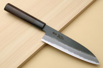 Yoshihiro Black Finish Blue Steel #2 Kurouchi Santoku and Petty Japanese Chef Knife with Saya Cover SET (D-Shape Shitan Handle)