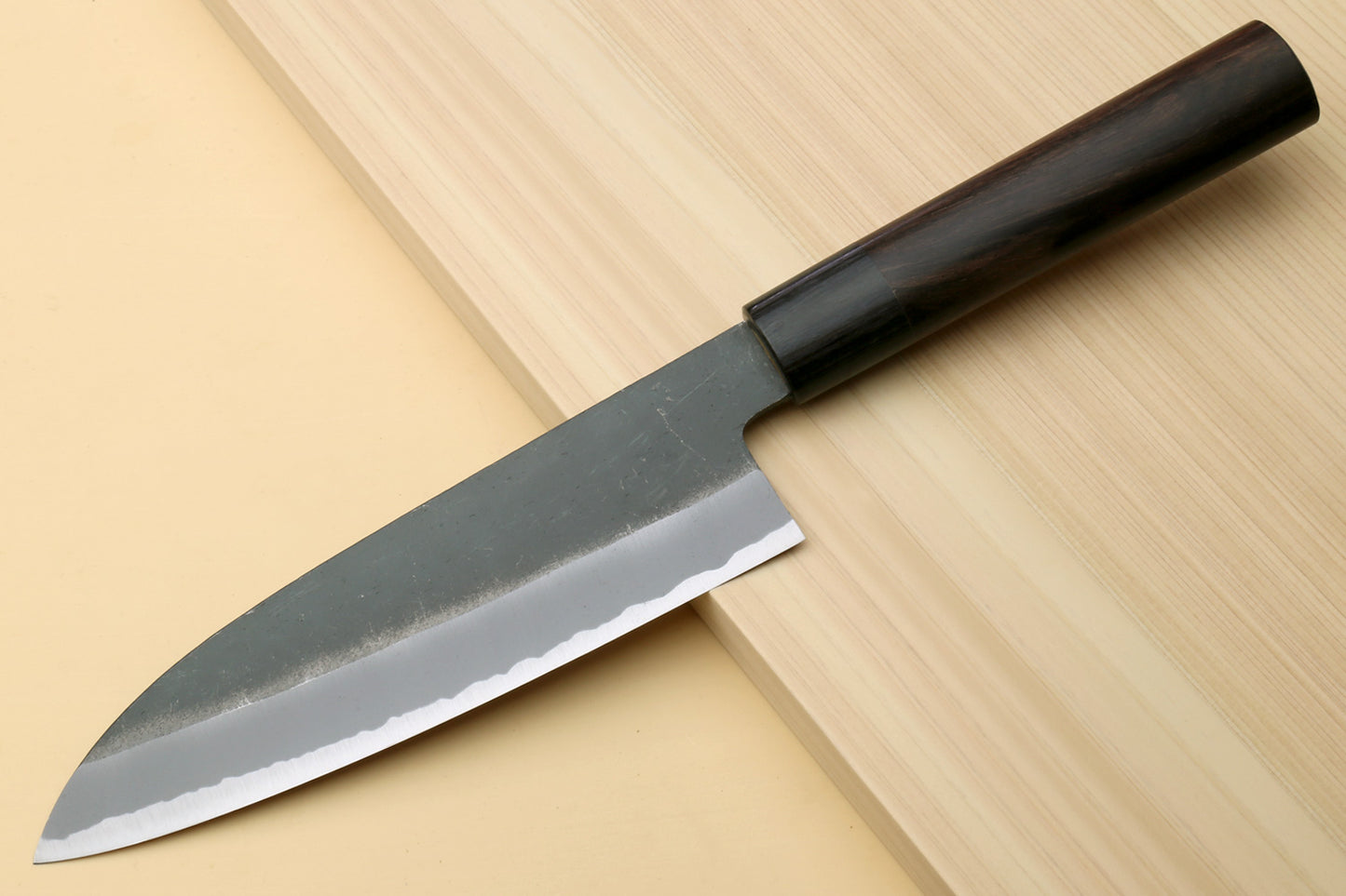 Yoshihiro Black Finish Blue Steel #2 Kurouchi Santoku Multipurpose Japanese Chef Knife (D-Shape Shitan Handle)