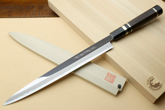 Yoshihiro Left-Handed Ginsanko Mirror Polished Stain Resistant Steel Yanagi Sushi Sashimi Japanese Knife Triple Nickel Silver Ring and Ebony Handle