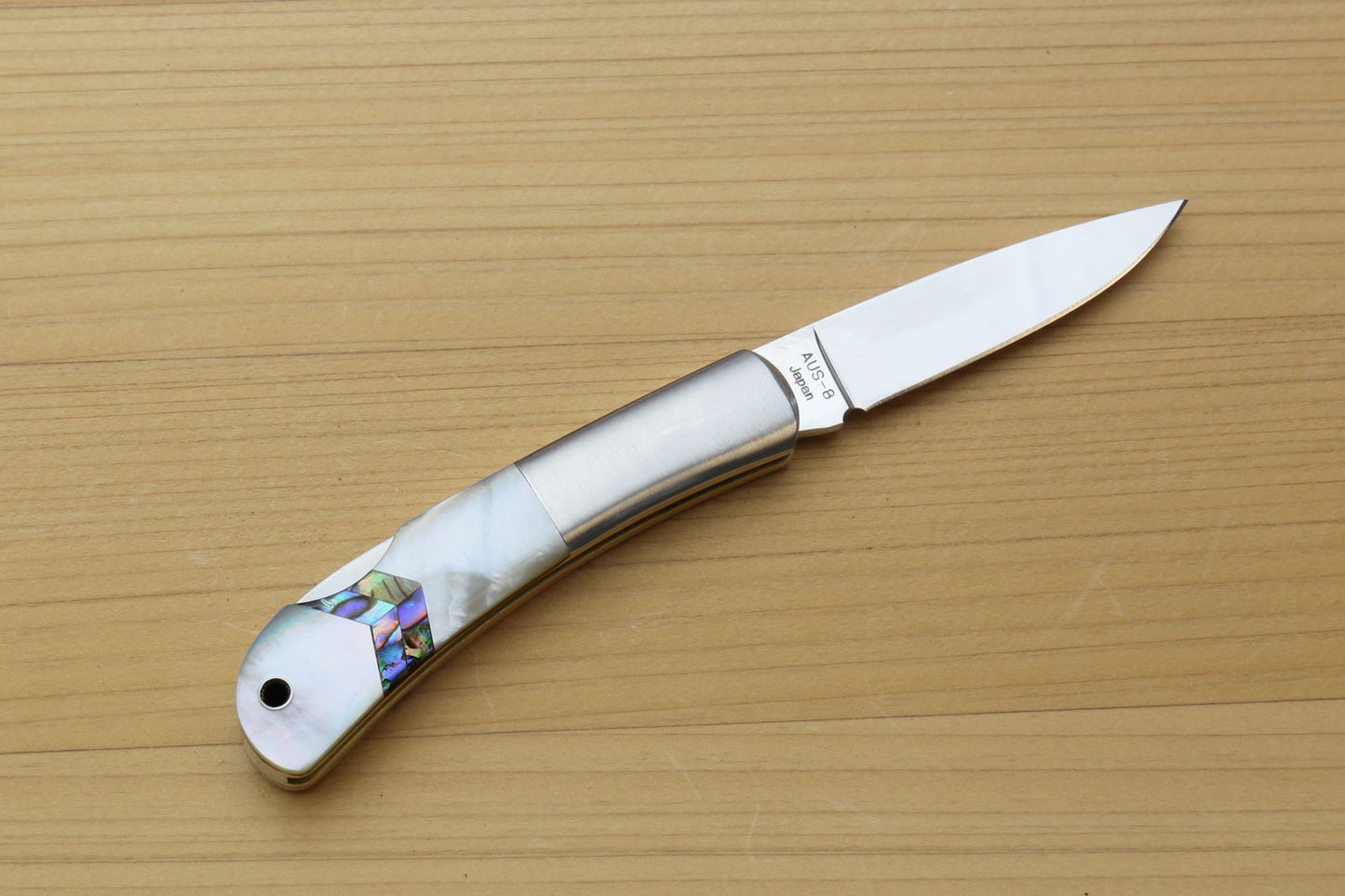 Moki AUS-8 Stainless Steel Mirror Polished Lockback Folding Pocket Knife with Abalone Arrow inlay