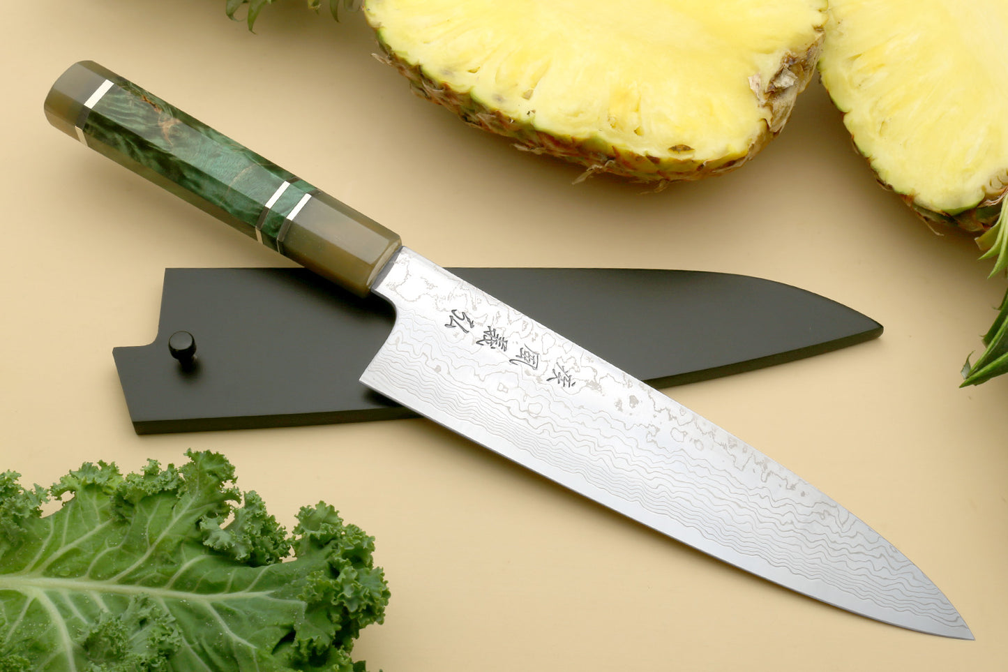 Yoshihiro Damascus SG2 (R2) Semi-Stainless Gyuto Chef Knife, Triple Ring Stabilized Maple Burl Handle