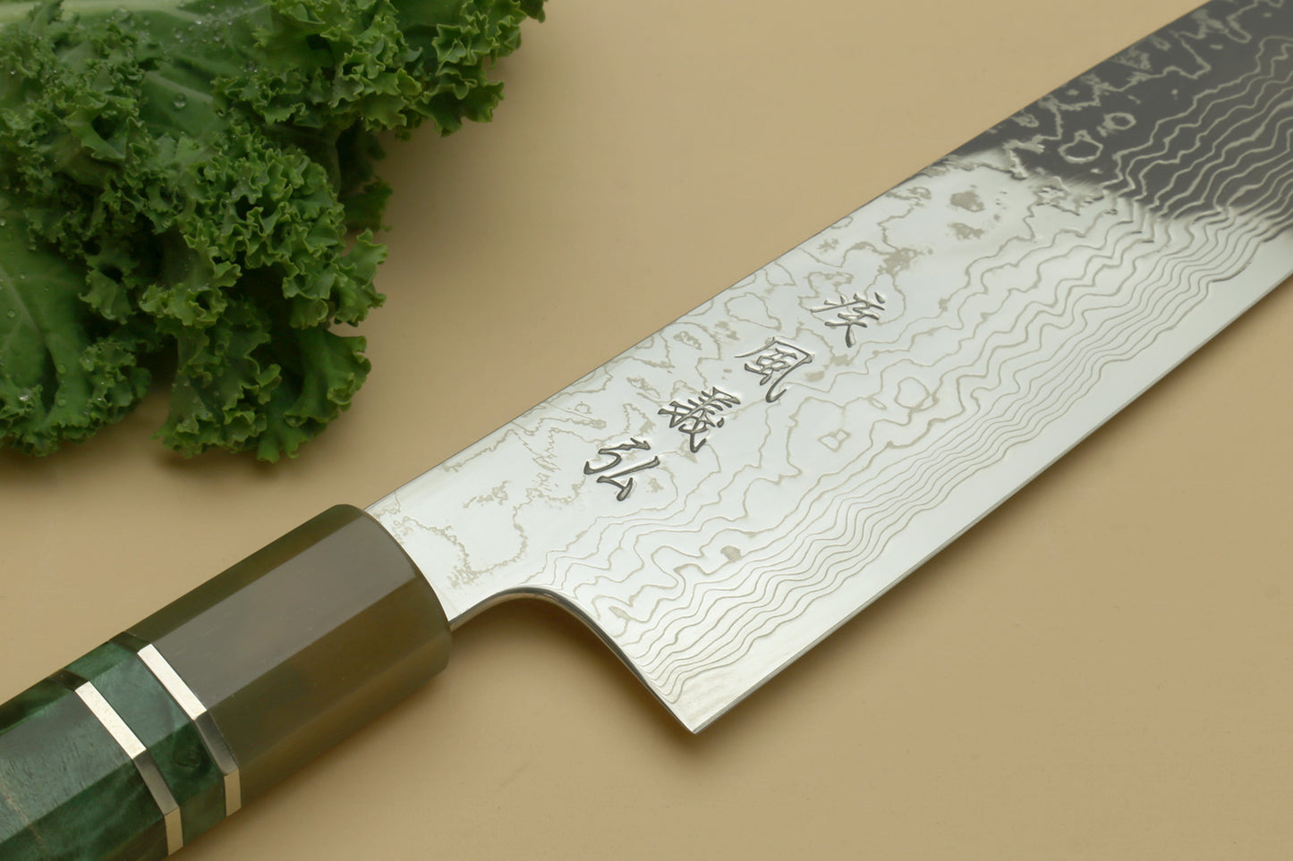 Yoshihiro Damascus SG2 (R2) Semi-Stainless Gyuto Chef Knife, Triple Ring Stabilized Maple Burl Handle