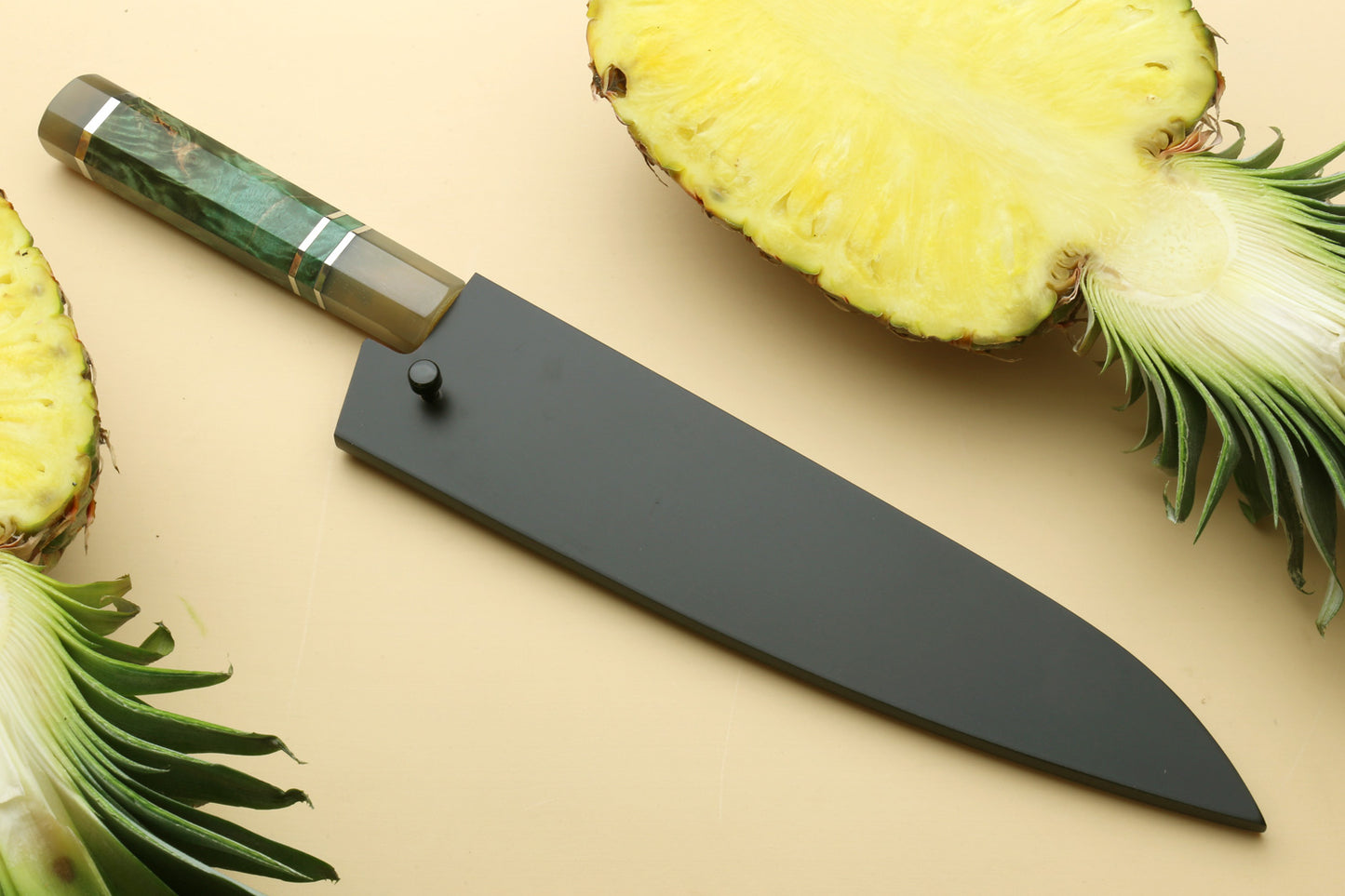 Yoshihiro Damascus SG2 (R2) Semi-Stainless Gyuto Chef Knife, Triple Ring Stabilized Maple Burl Handle