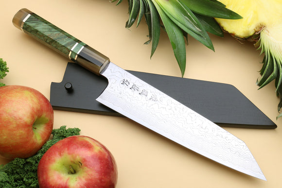 Yoshihiro Damascus SG-II (R-2) Semi-Stainless Kiritsuke Chef Knife, Triple Silver Ring Stabilized Maple Burl Handle