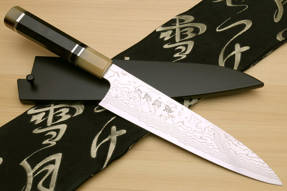 Yoshihiro Hayate ZDP-189 Super High Carbon Stainless Steel Suminagashi Gyuto Chef Knife Octagonal Ebony Wood Handle with Triple Sterling Silver Ring