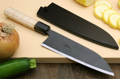 Yoshihiro Kurouchi High Carbon White Steel #2 Santoku Japanese Multipurpose Chef Knife with Camphor Handle