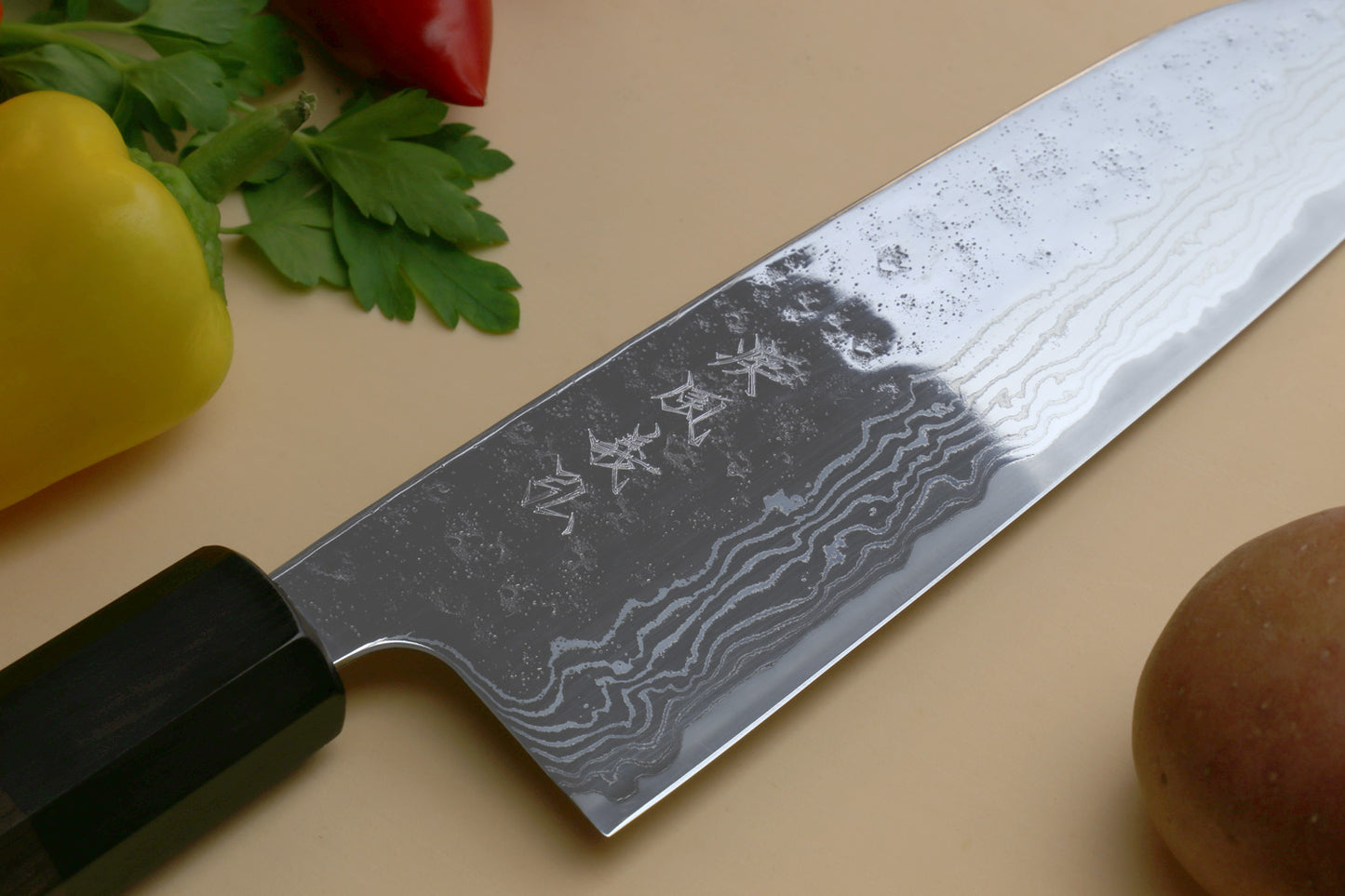 Yoshihiro 440C Stainless Steel 16 Layers Hammered Damascus Santoku Multipurpose Knife Shitan Handle