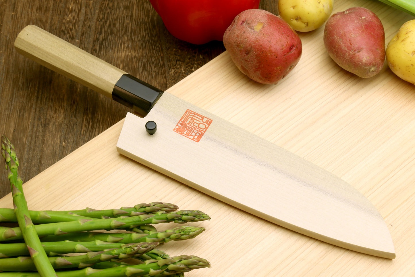 Yoshihiro White Steel #1 Stainless Clad Santoku Multipurpose Knife with Magnolia Wood Handle