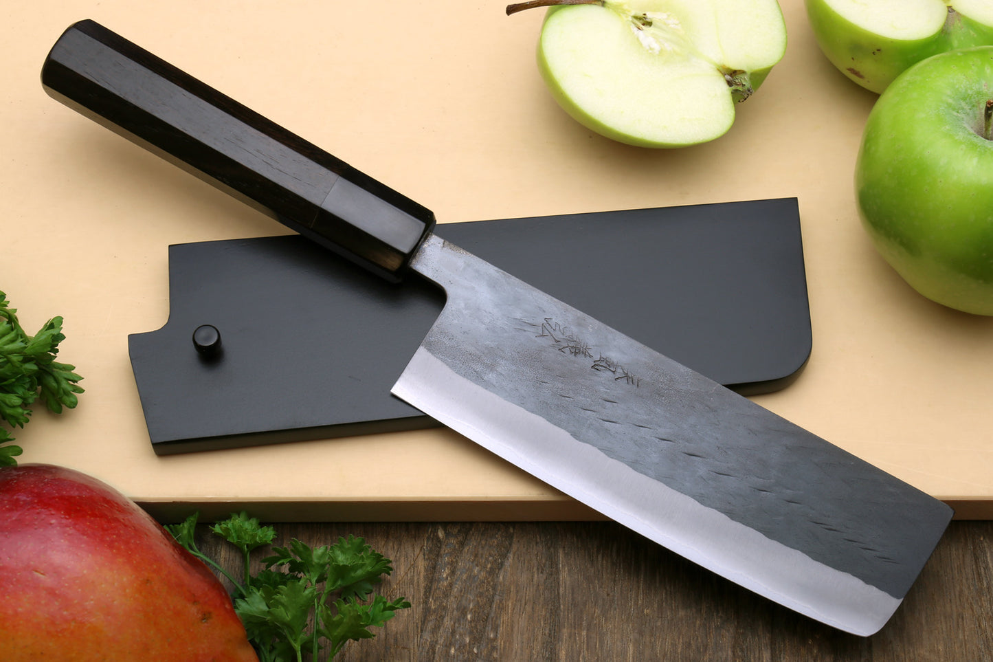 Yoshihiro Kurouchi Black-Forged Blue Steel Stainless Clad Nakiri Japanese Vegetable Knife (Ebony Handle)