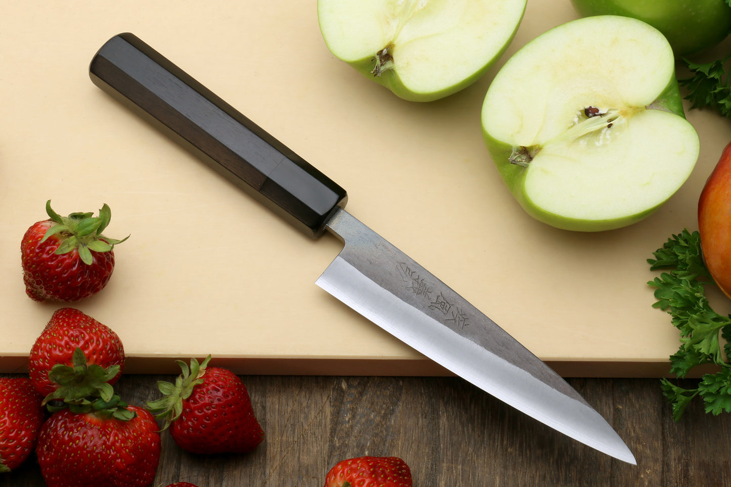 Yoshihiro Kurouchi Black-Forged Blue Steel Stainless Clad Santoku Multipurpose Knife 6.5"(165mm) and Petty Utility Knife 5.3"(135mm) 2PC SET (Ebony Handle)