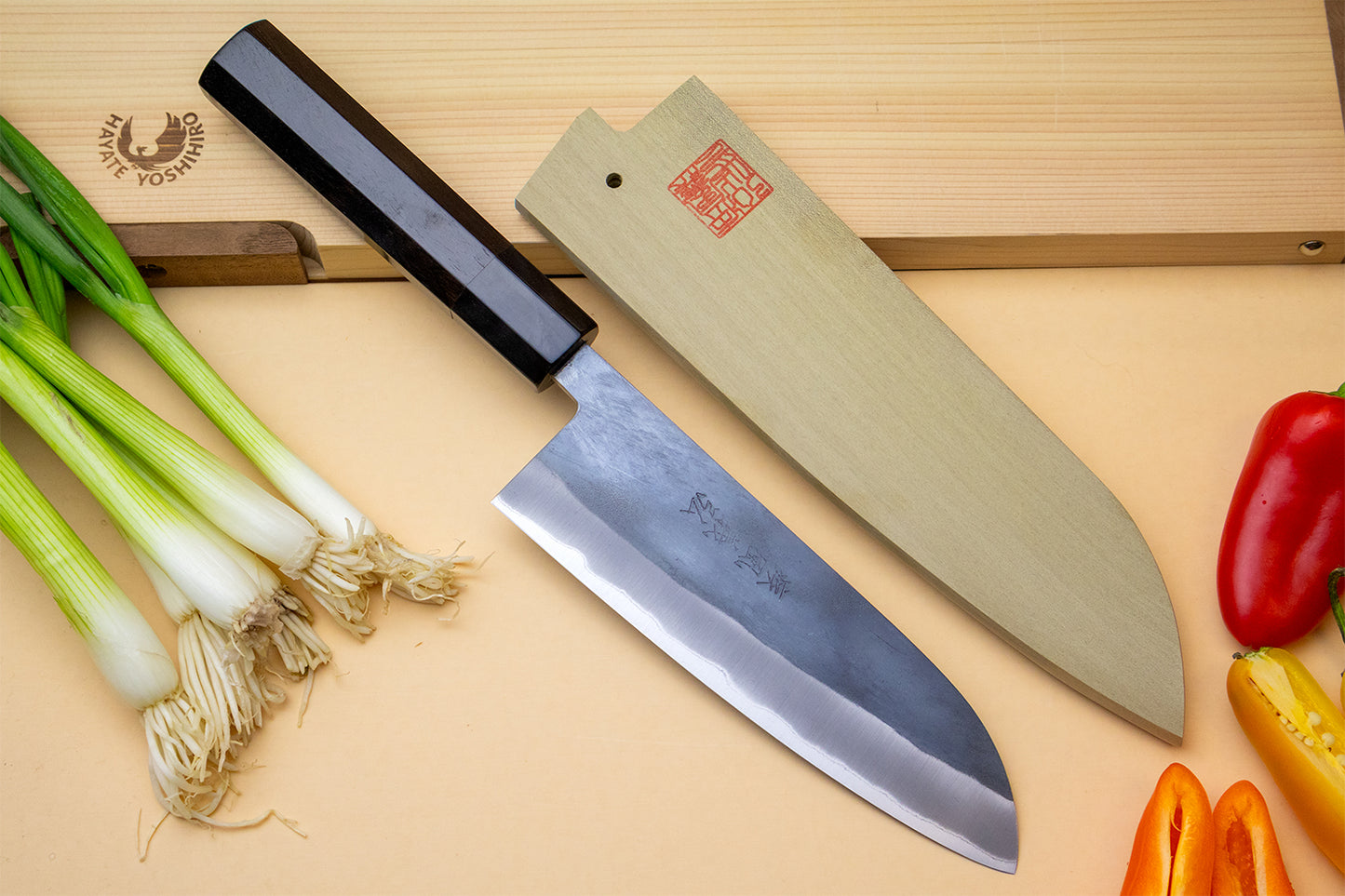 Yoshihiro Kurouchi Black-Forged Blue Steel Stainless Clad Santoku Multipurpose Knife 6.5"(165mm) and Petty Utility Knife 5.3"(135mm) 2PC SET (Ebony Handle)