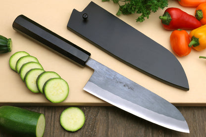 Yoshihiro Kurouchi Black-Forged Blue Steel Stainless Clad Santoku Multipurpose Knife (Ebony Handle)