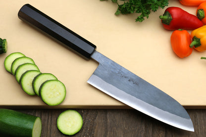 Yoshihiro Kurouchi Black-Forged Blue Steel Stainless Clad Santoku Multipurpose Knife (Ebony Handle)