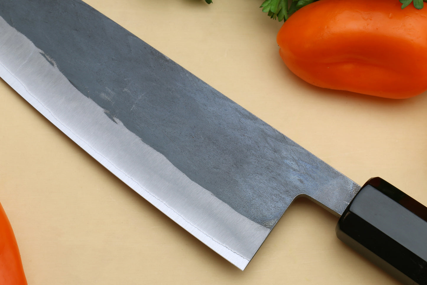 Yoshihiro Kurouchi Black-Forged Blue Steel Stainless Clad Santoku Multipurpose Knife (Ebony Handle)