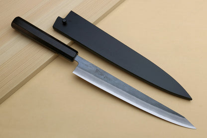 Yoshihiro Kurouchi Black-Forged Blue Steel Stainless Clad Sujihiki Kiritsuke Slicer Knife (Ebony Handle)