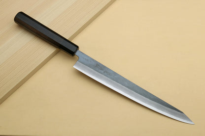 Yoshihiro Kurouchi Black-Forged Blue Steel Stainless Clad Sujihiki Kiritsuke Slicer Knife (Ebony Handle)