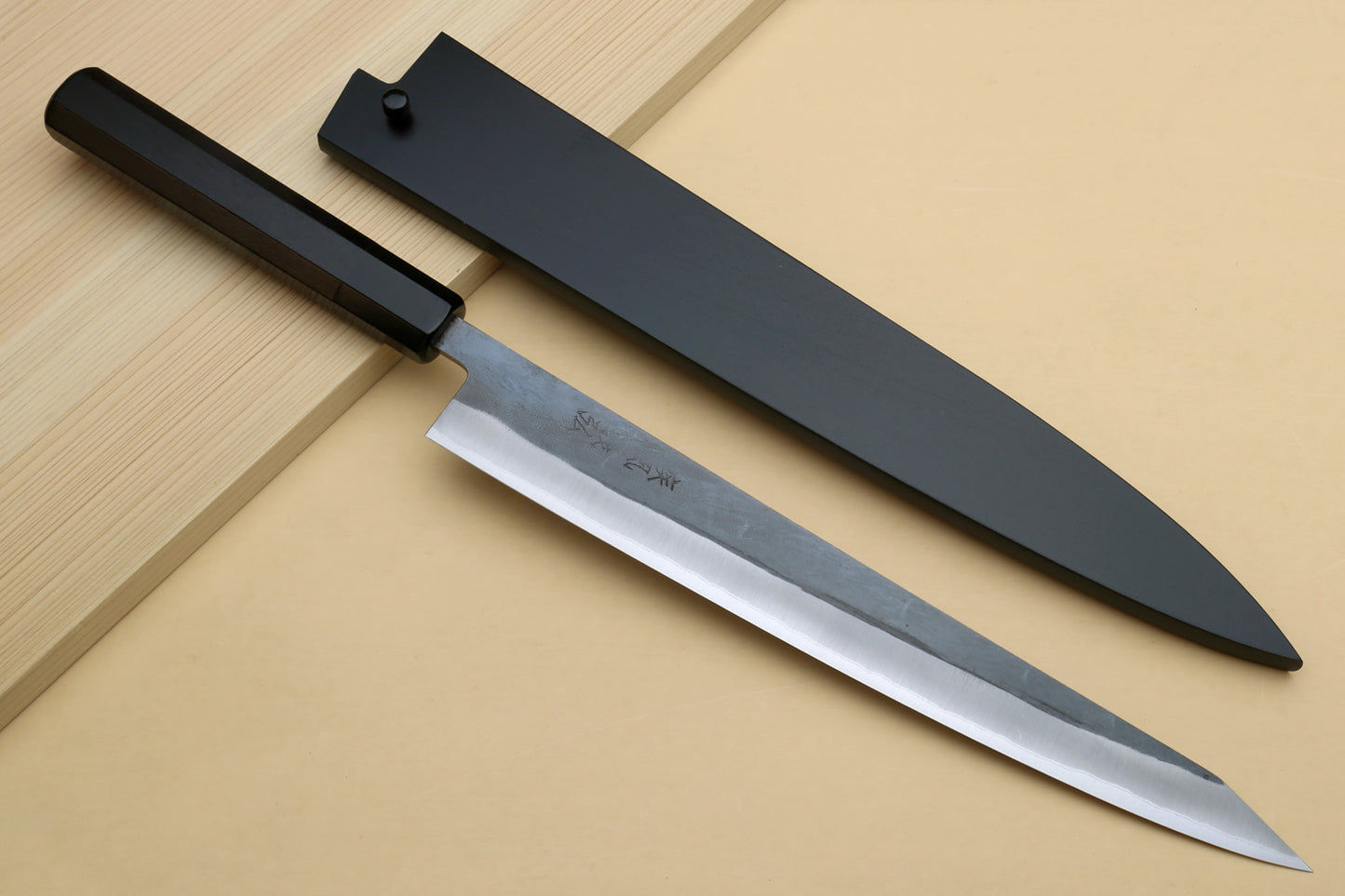 Yoshihiro Kurouchi Black-Forged Blue Steel Stainless Clad Sujihiki Kiritsuke Slicer Knife (Ebony Handle)