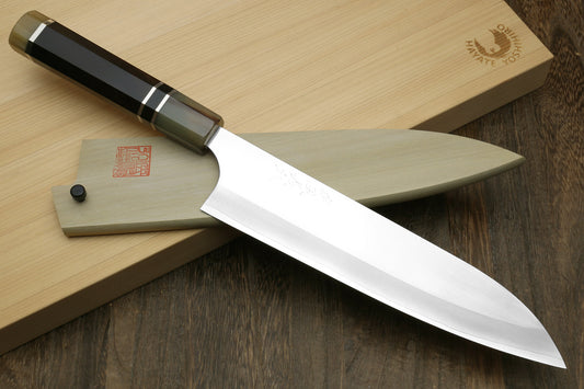 Yoshihiro Hayate ZDP-189 Super High Carbon Stainless Steel Gyuto Chefs Knife Premium Ebony Handle with Triple Ring Handle with Water Buffalo Horn Bolster